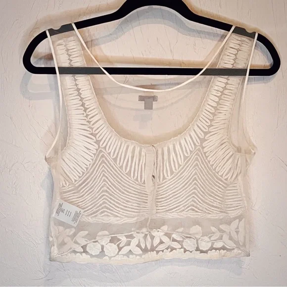 Cottagecore Ivory Sheer Mesh Crop Top Women’s S Embroidered ecote Tank - Picture 8 of 8